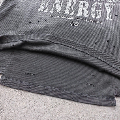 HOLY GLORY ENERGY Football Jersey Tee - Black White Waffle Knit Distressed Ripped Asymmetric Hem Y2K Streetwear