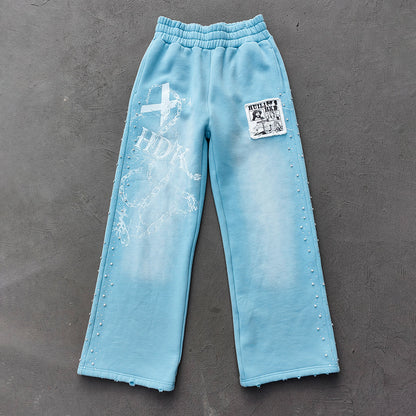 Light Blue Rhinestone Chain Tracksuit - Y2K Gradient Wash Matching Set