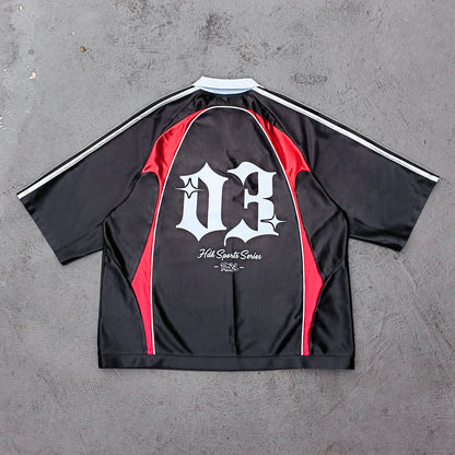 ENERGY Football Jersey Set - Black Red Color Block V Neck Three Stripe Shirt Shorts Y2K Streetwear
