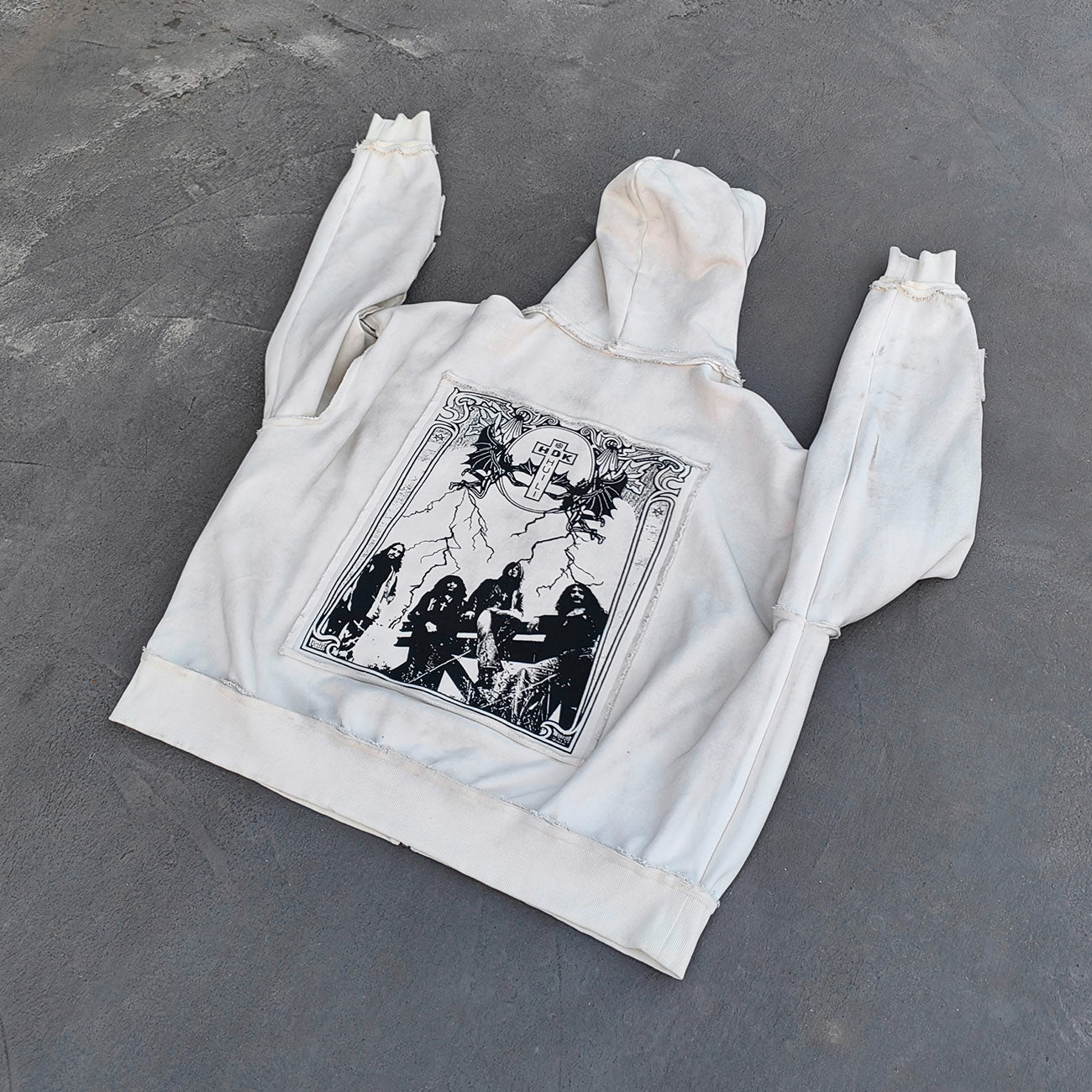 Star Cut-Out Zip Up Hoodie - White Gothic Letter Patch Distressed Y2K Streetwear