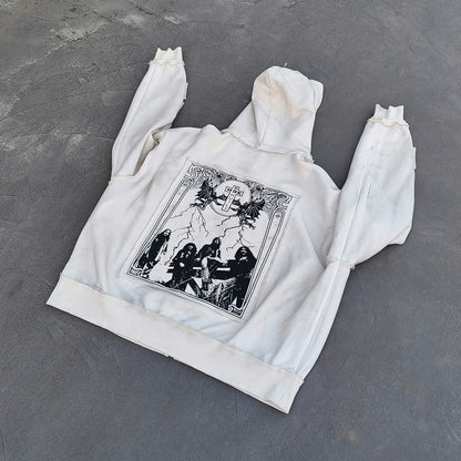 Star Cut-Out Zip Up Hoodie - White Gothic Letter Patch Distressed Y2K Streetwear