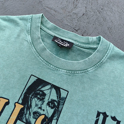 HUILI HDK Graphic Tee - Mint Green Acid Wash Vintage Collage Portrait Print Y2K Streetwear