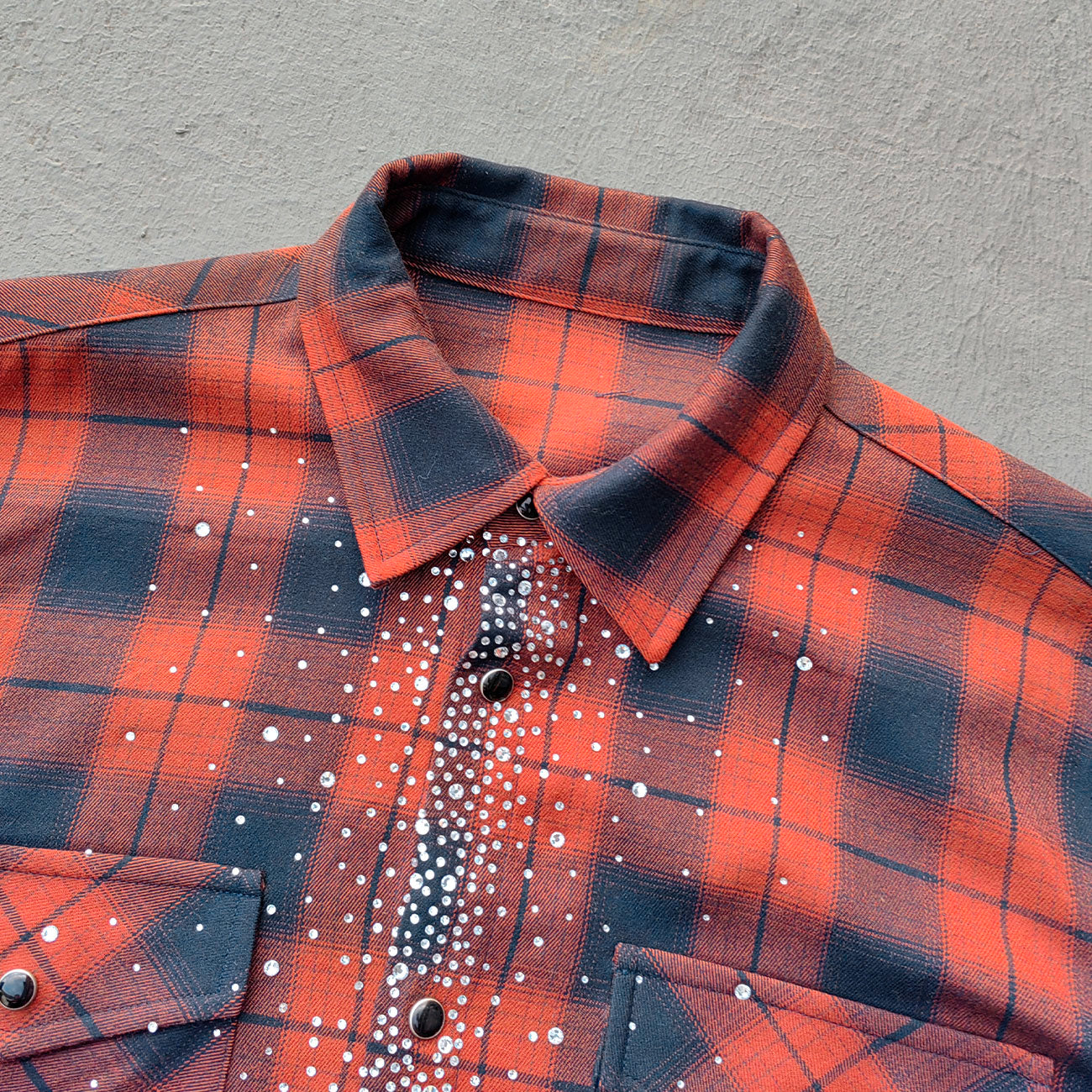 Rhinestone Plaid Shirt - Orange Black Flannel Y2K Snap Button Oversized