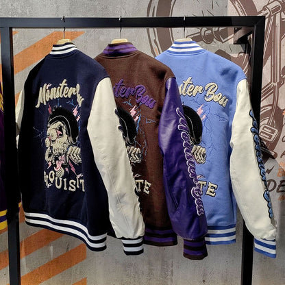 custom logo chenille embroidery letterman varsity jacket with leather sleeves