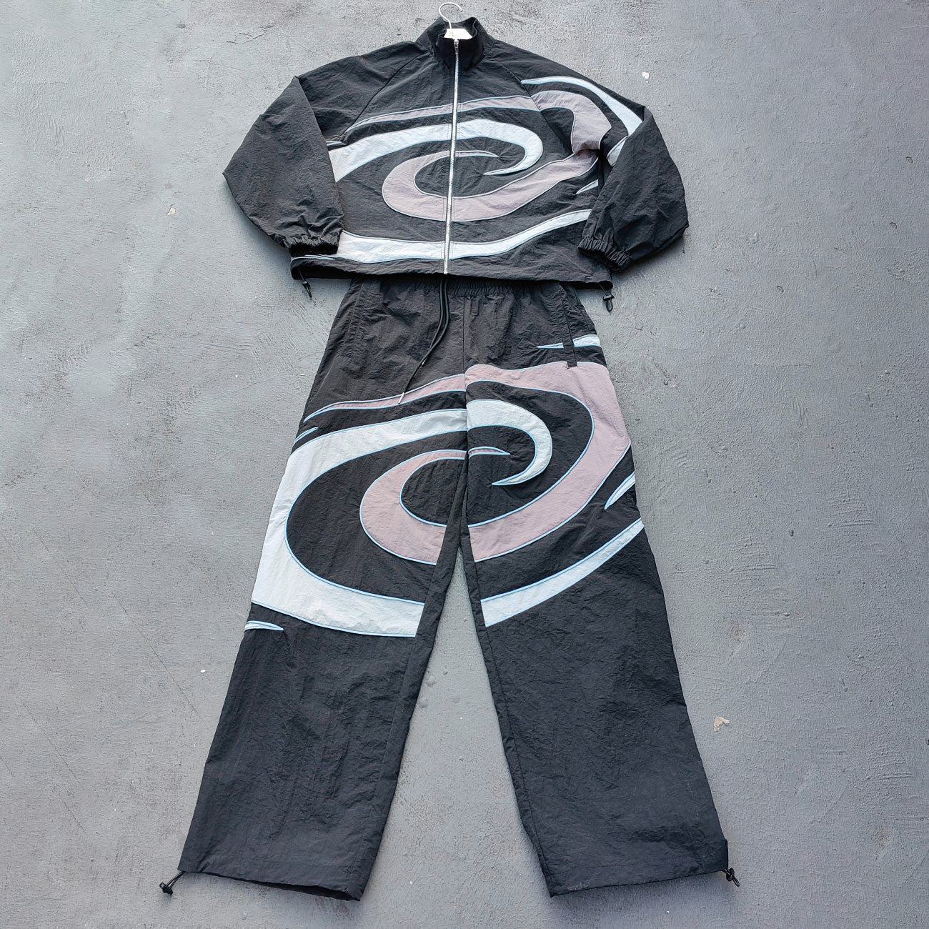Spiral Print Track Suit Set - Black White Gray Swirl Panel Windbreaker Jacket Pants Y2K Streetwear