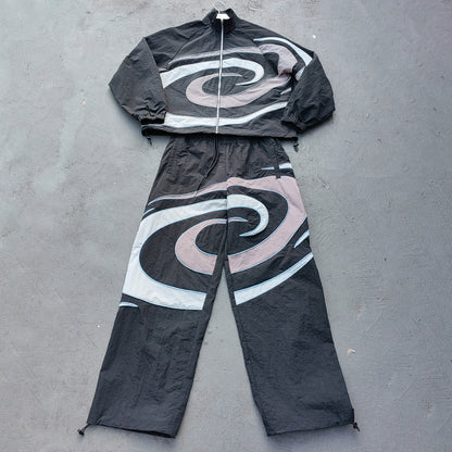 Spiral Print Track Suit Set - Black White Gray Swirl Panel Windbreaker Jacket Pants Y2K Streetwear