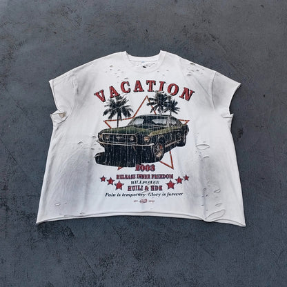Sleeveless Tee - Off White Acid Wash VACATION Vintage Car Palm Tree Print Distressed Cut Off Y2K Streetwear