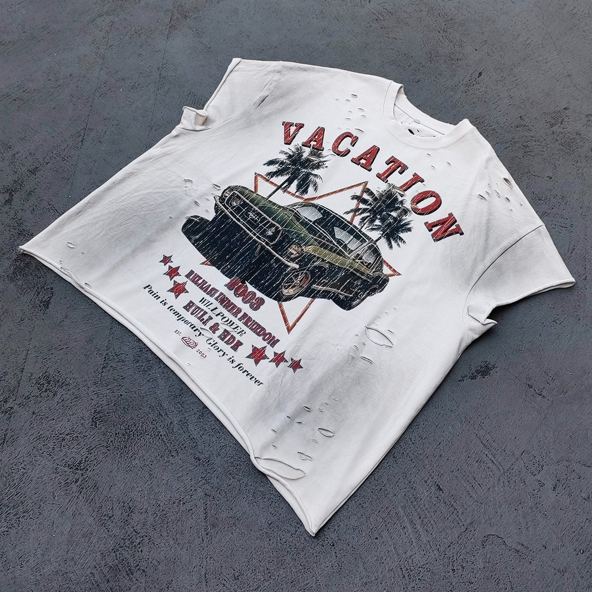 Sleeveless Tee - Off White Acid Wash VACATION Vintage Car Palm Tree Print Distressed Cut Off Y2K Streetwear