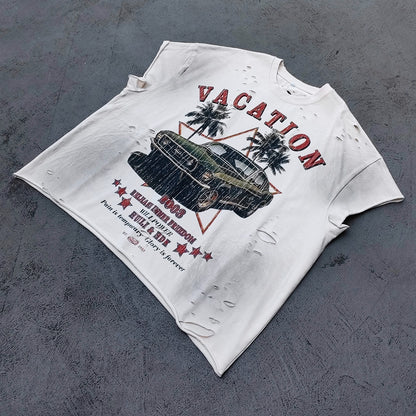 Sleeveless Tee - Off White Acid Wash VACATION Vintage Car Palm Tree Print Distressed Cut Off Y2K Streetwear