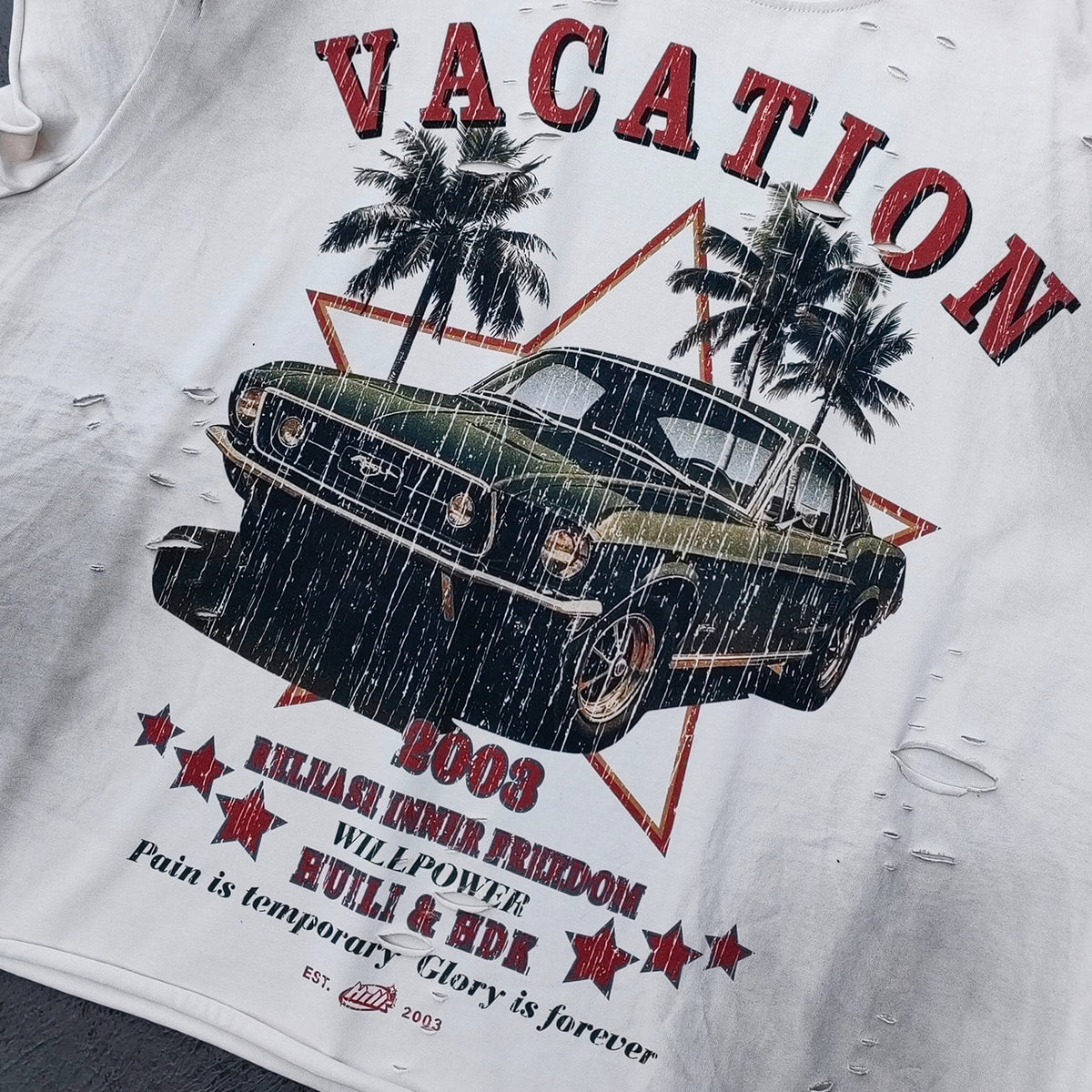 Sleeveless Tee - Off White Acid Wash VACATION Vintage Car Palm Tree Print Distressed Cut Off Y2K Streetwear