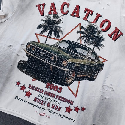 Sleeveless Tee - Off White Acid Wash VACATION Vintage Car Palm Tree Print Distressed Cut Off Y2K Streetwear