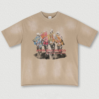 American Vintage oil painting high street fog short-sleeved T-shirt used for men