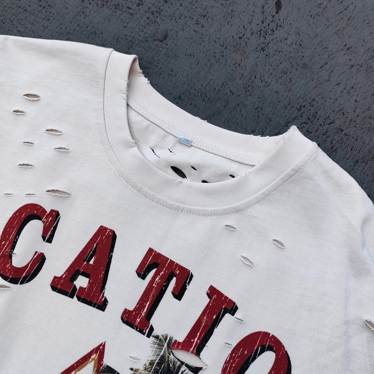 Sleeveless Tee - Off White Acid Wash VACATION Vintage Car Palm Tree Print Distressed Cut Off Y2K Streetwear