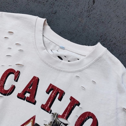 Sleeveless Tee - Off White Acid Wash VACATION Vintage Car Palm Tree Print Distressed Cut Off Y2K Streetwear