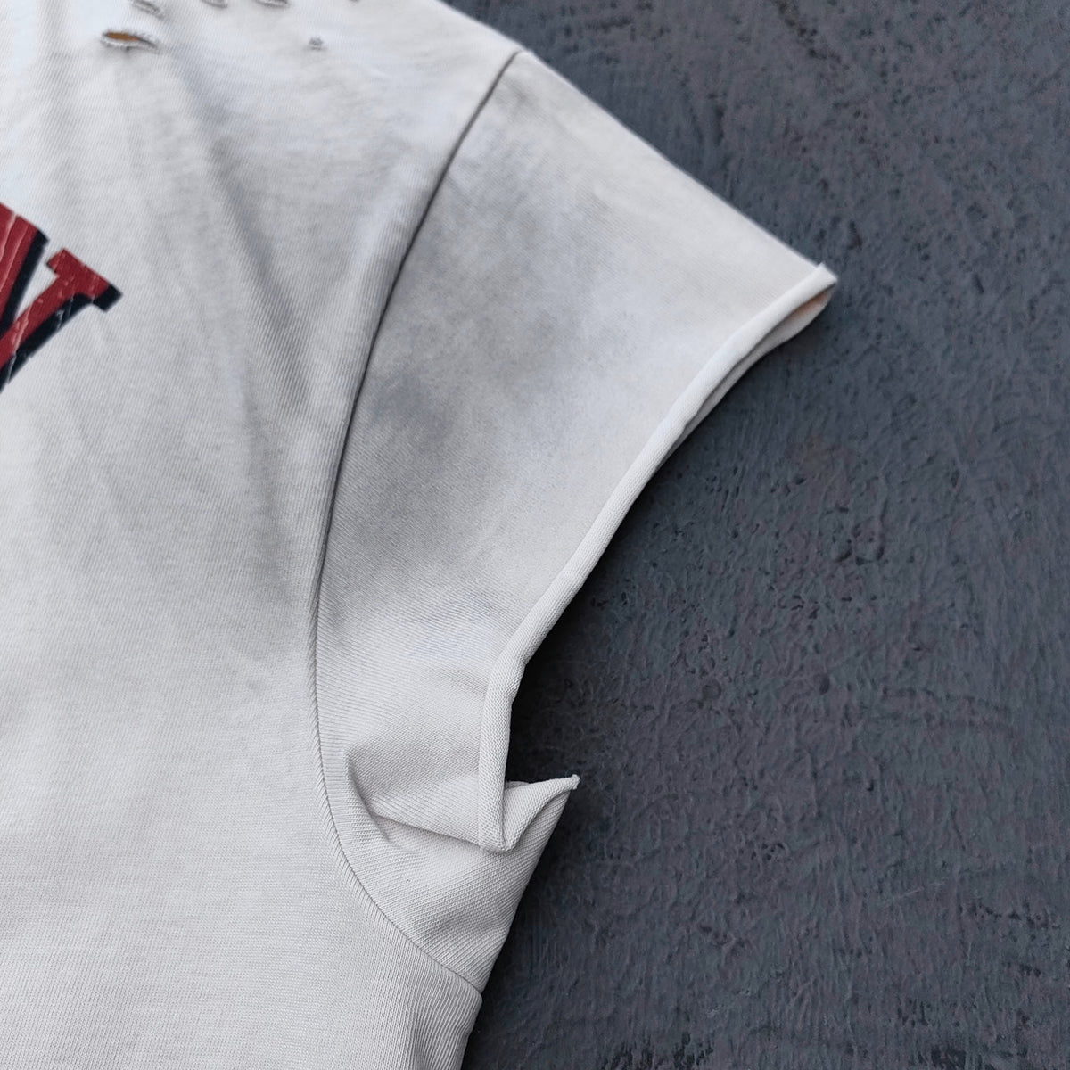 Sleeveless Tee - Off White Acid Wash VACATION Vintage Car Palm Tree Print Distressed Cut Off Y2K Streetwear