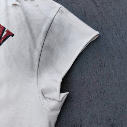 Sleeveless Tee - Off White Acid Wash VACATION Vintage Car Palm Tree Print Distressed Cut Off Y2K Streetwear