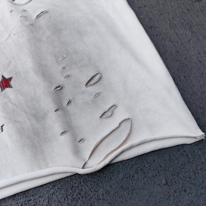 Sleeveless Tee - Off White Acid Wash VACATION Vintage Car Palm Tree Print Distressed Cut Off Y2K Streetwear