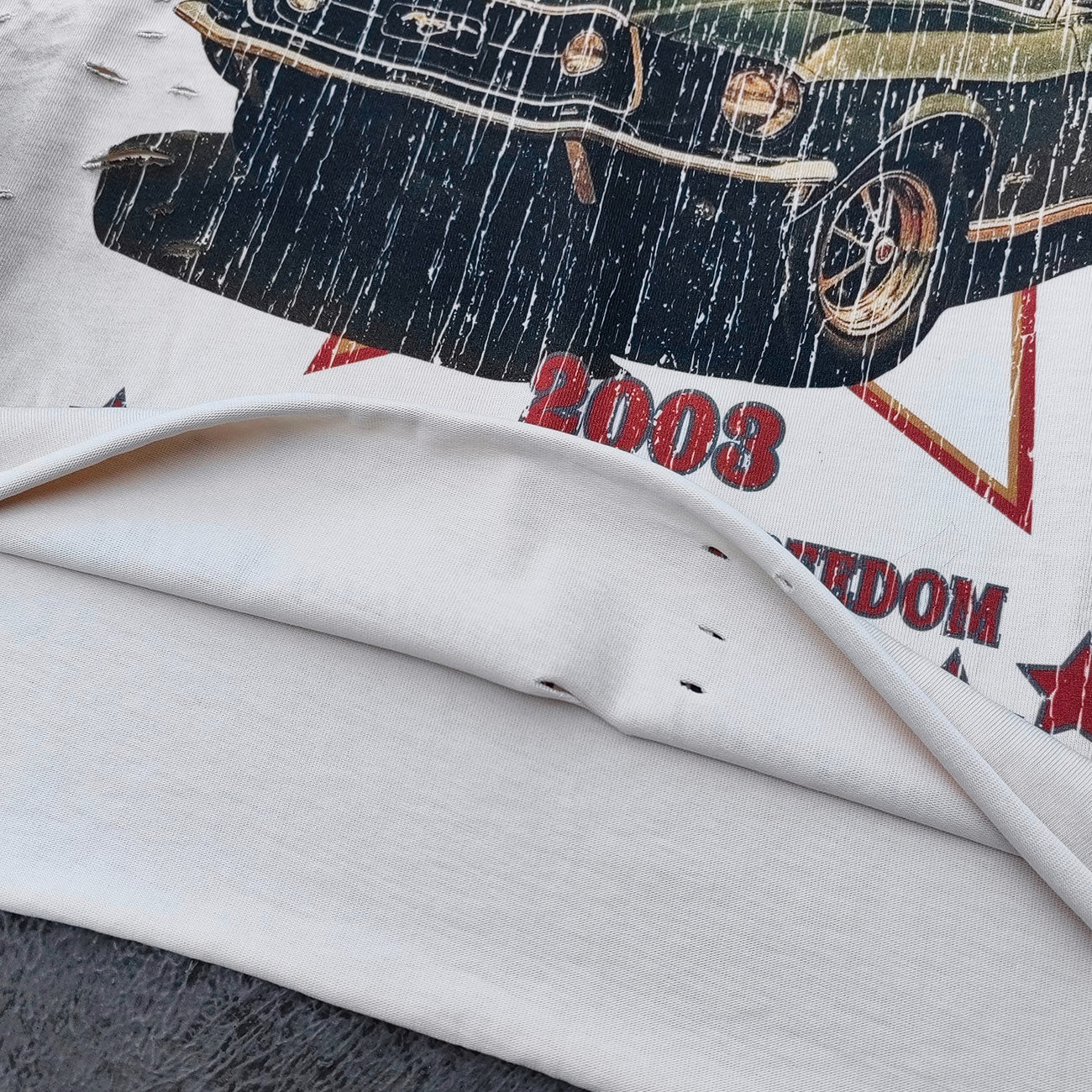 Sleeveless Tee - Off White Acid Wash VACATION Vintage Car Palm Tree Print Distressed Cut Off Y2K Streetwear