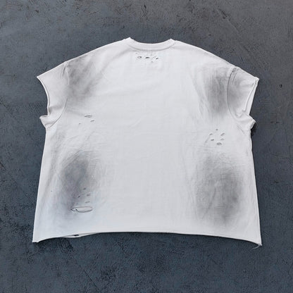 Sleeveless Tee - Off White Acid Wash VACATION Vintage Car Palm Tree Print Distressed Cut Off Y2K Streetwear