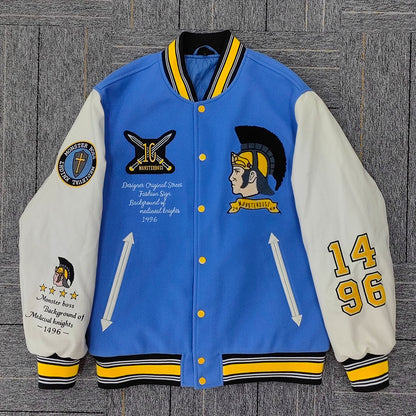 factory wholesale custom logo chenille embroidery letterman varsity jacket with leather sleeves