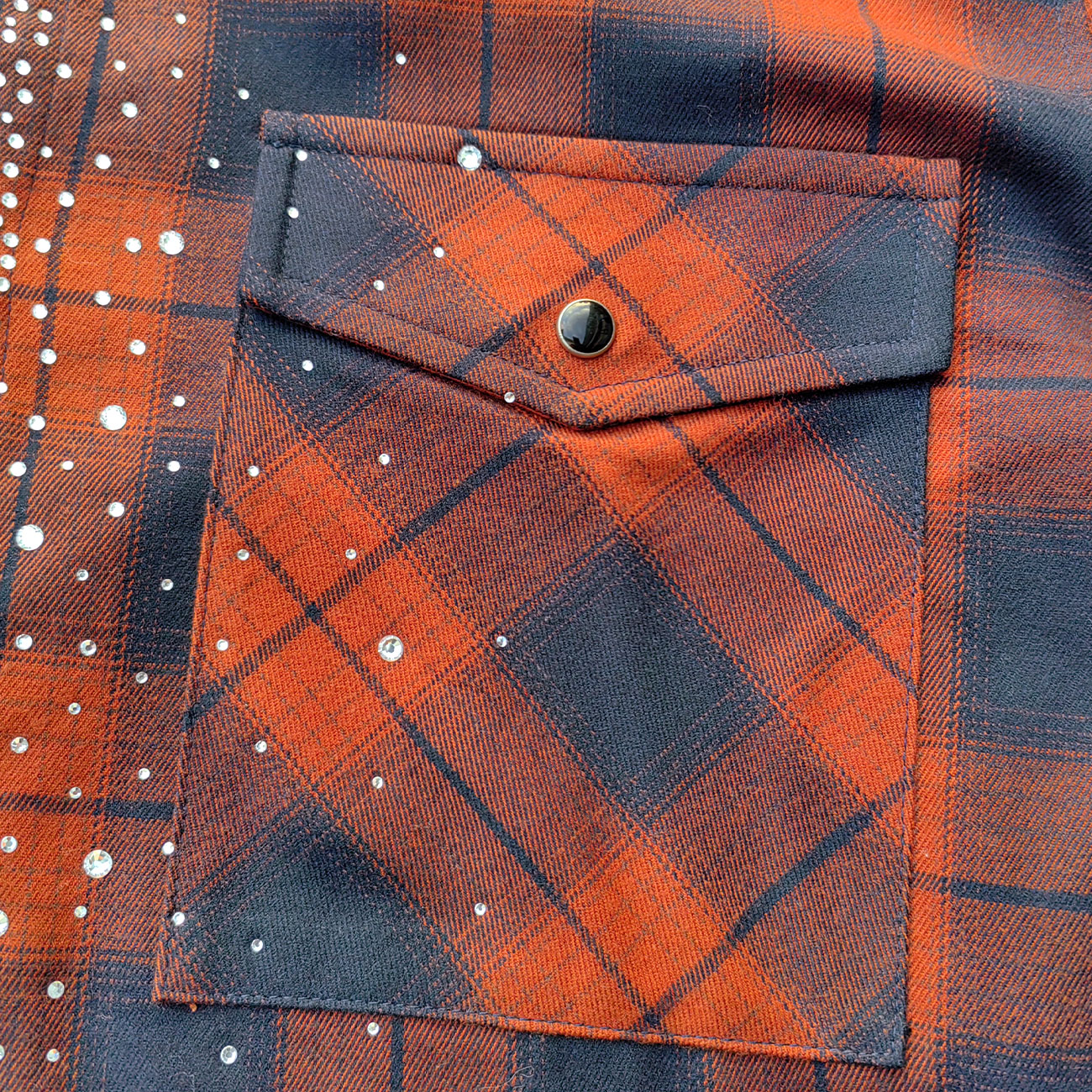 Rhinestone Plaid Shirt - Orange Black Flannel Y2K Snap Button Oversized