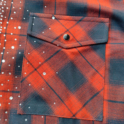 Rhinestone Plaid Shirt - Orange Black Flannel Y2K Snap Button Oversized