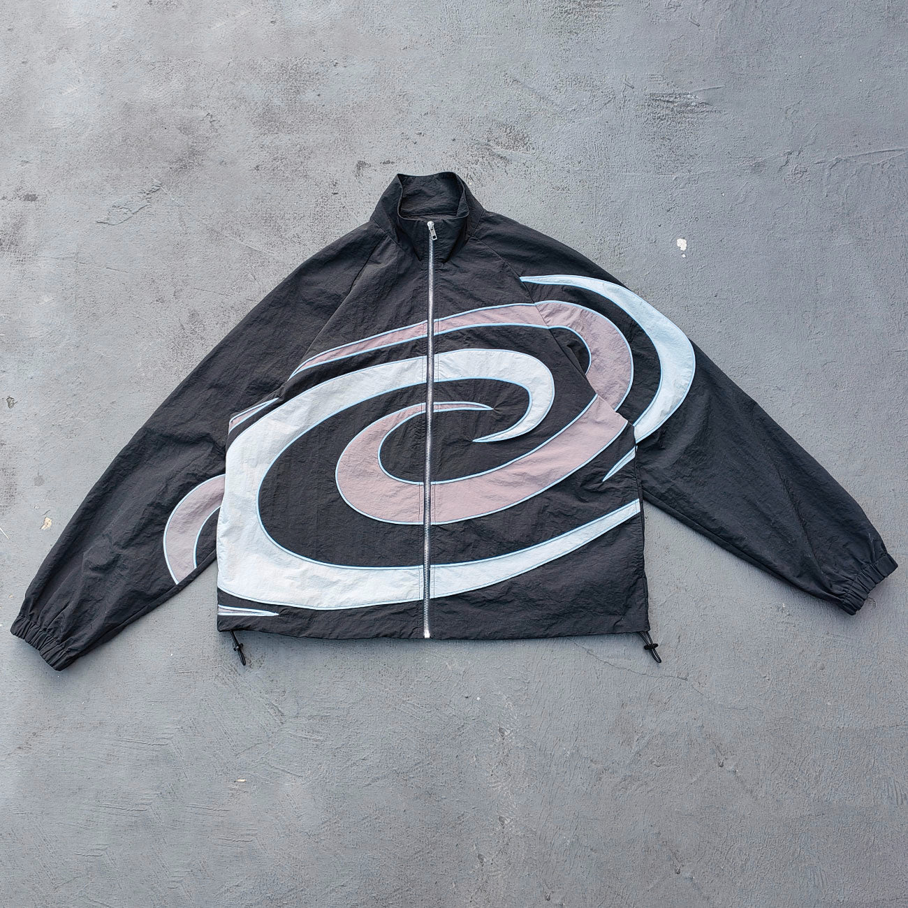 Spiral Print Track Suit Set - Black White Gray Swirl Panel Windbreaker Jacket Pants Y2K Streetwear