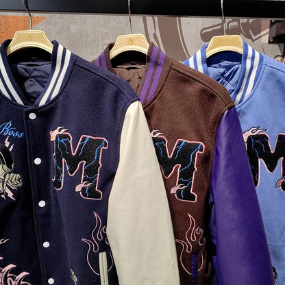 custom logo chenille embroidery letterman varsity jacket with leather sleeves