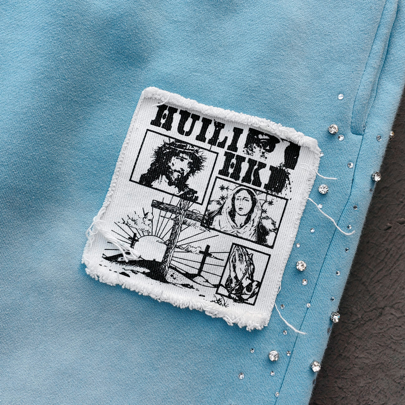 Light Blue Rhinestone Chain Tracksuit - Y2K Gradient Wash Matching Set