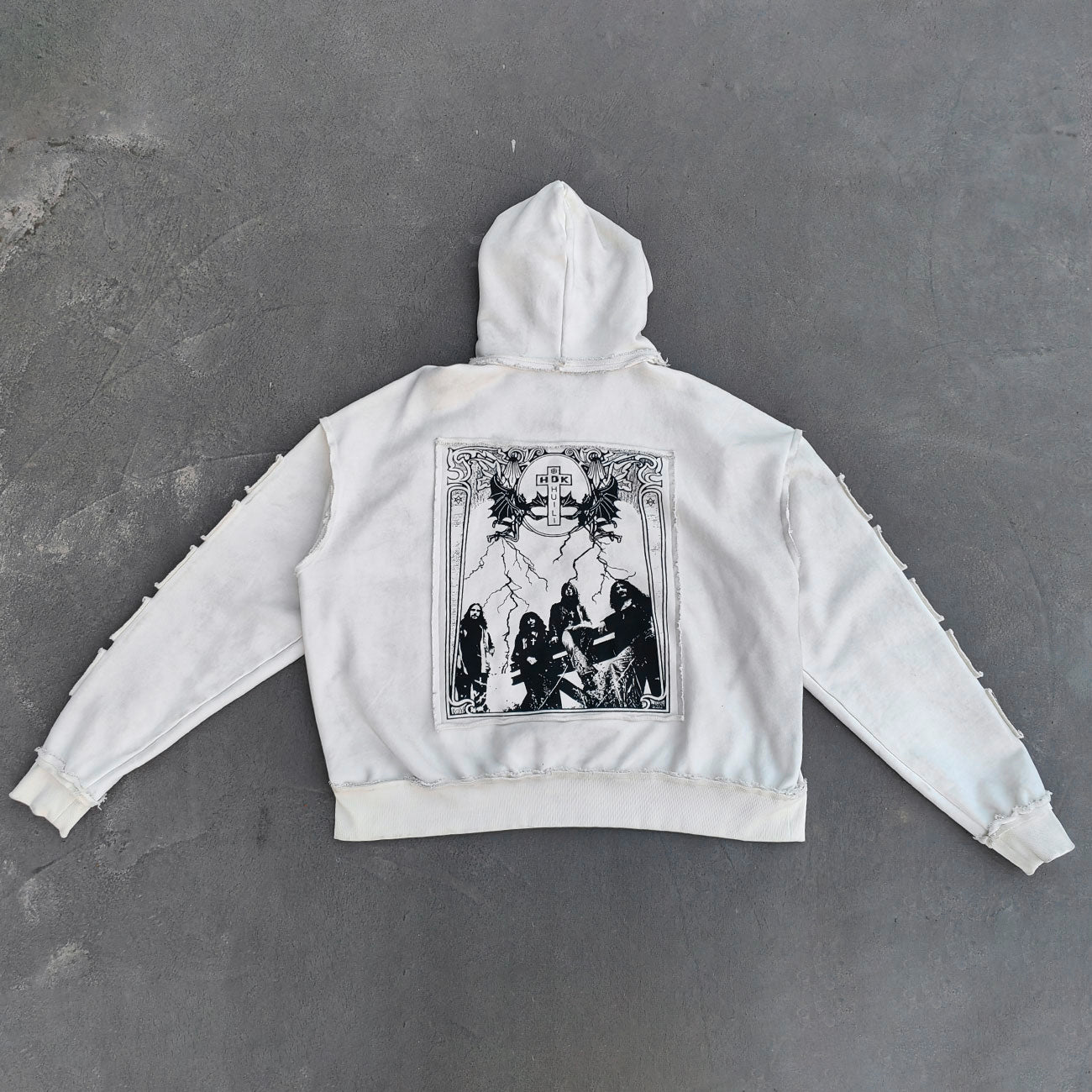 Star Cut-Out Zip Up Hoodie - White Gothic Letter Patch Distressed Y2K Streetwear