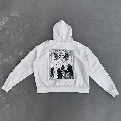 Star Cut-Out Zip Up Hoodie - White Gothic Letter Patch Distressed Y2K Streetwear