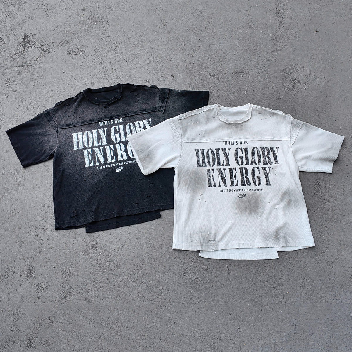 HOLY GLORY ENERGY Football Jersey Tee - Black White Waffle Knit Distressed Ripped Asymmetric Hem Y2K Streetwear