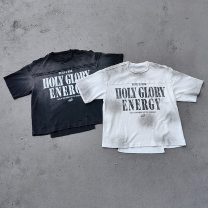 HOLY GLORY ENERGY Football Jersey Tee - Black White Waffle Knit Distressed Ripped Asymmetric Hem Y2K Streetwear