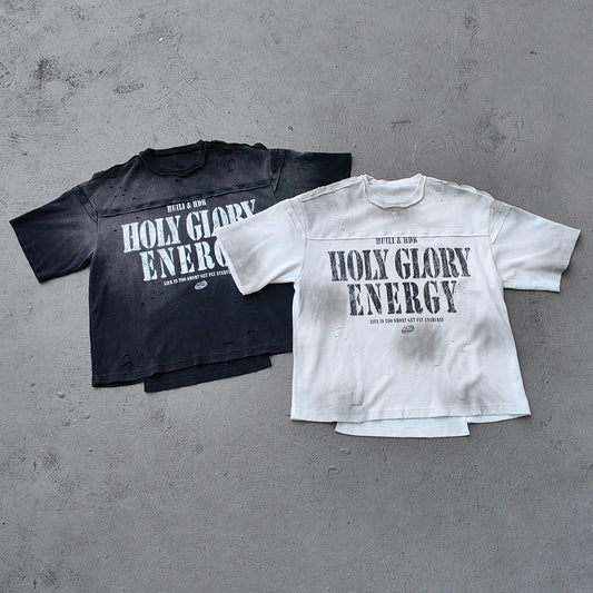 HOLY GLORY ENERGY Football Jersey Tee - Black White Waffle Knit Distressed Ripped Asymmetric Hem Y2K Streetwear