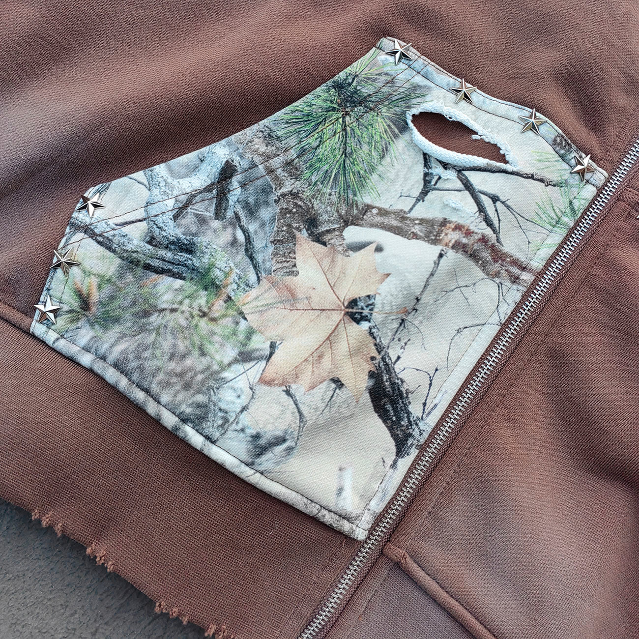 Camo Patchwork Zip Up Hoodie - Brown 03 Number Studded Distressed Y2K Streetwear