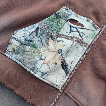 Camo Patchwork Zip Up Hoodie - Brown 03 Number Studded Distressed Y2K Streetwear