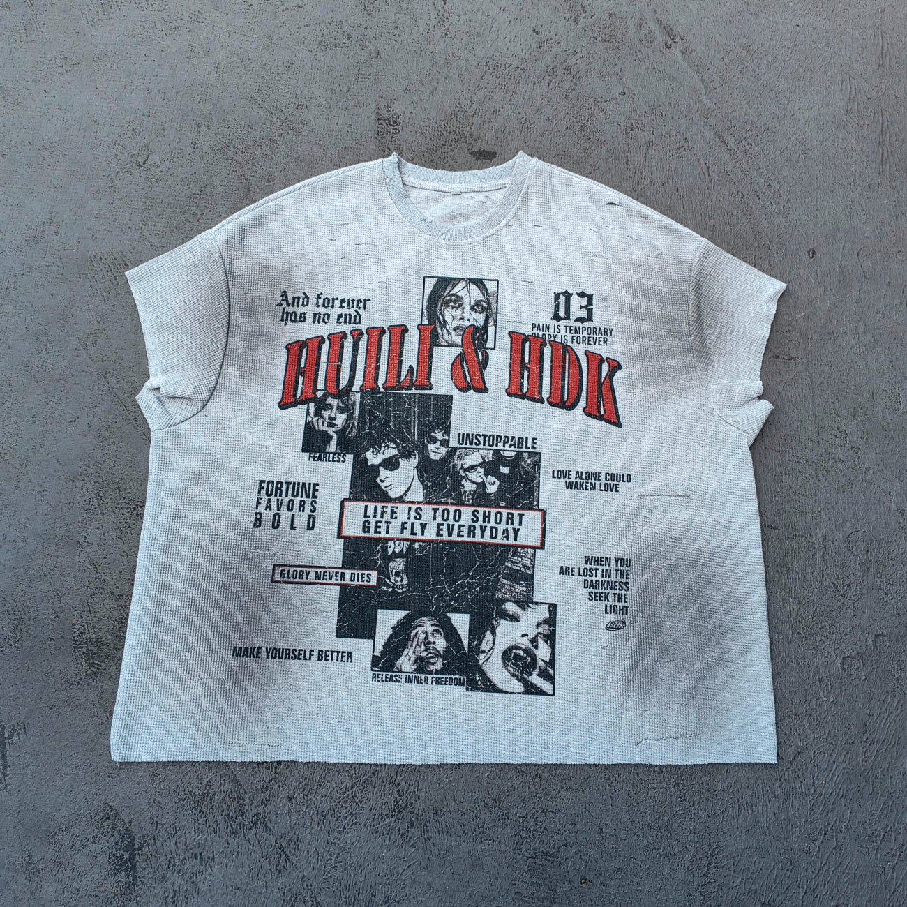 Sleeveless Tee - Light Gray Waffle Knit HUILI & HDK Vintage Magazine Collage Print Cut Off Y2K Streetwear
