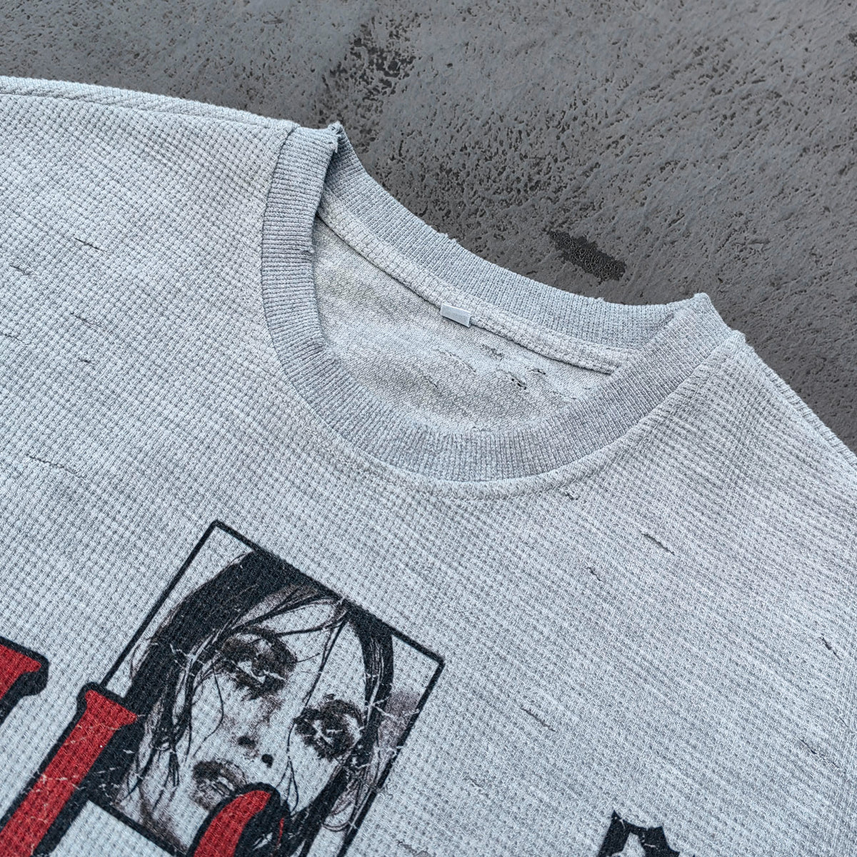 Sleeveless Tee - Light Gray Waffle Knit HUILI & HDK Vintage Magazine Collage Print Cut Off Y2K Streetwear