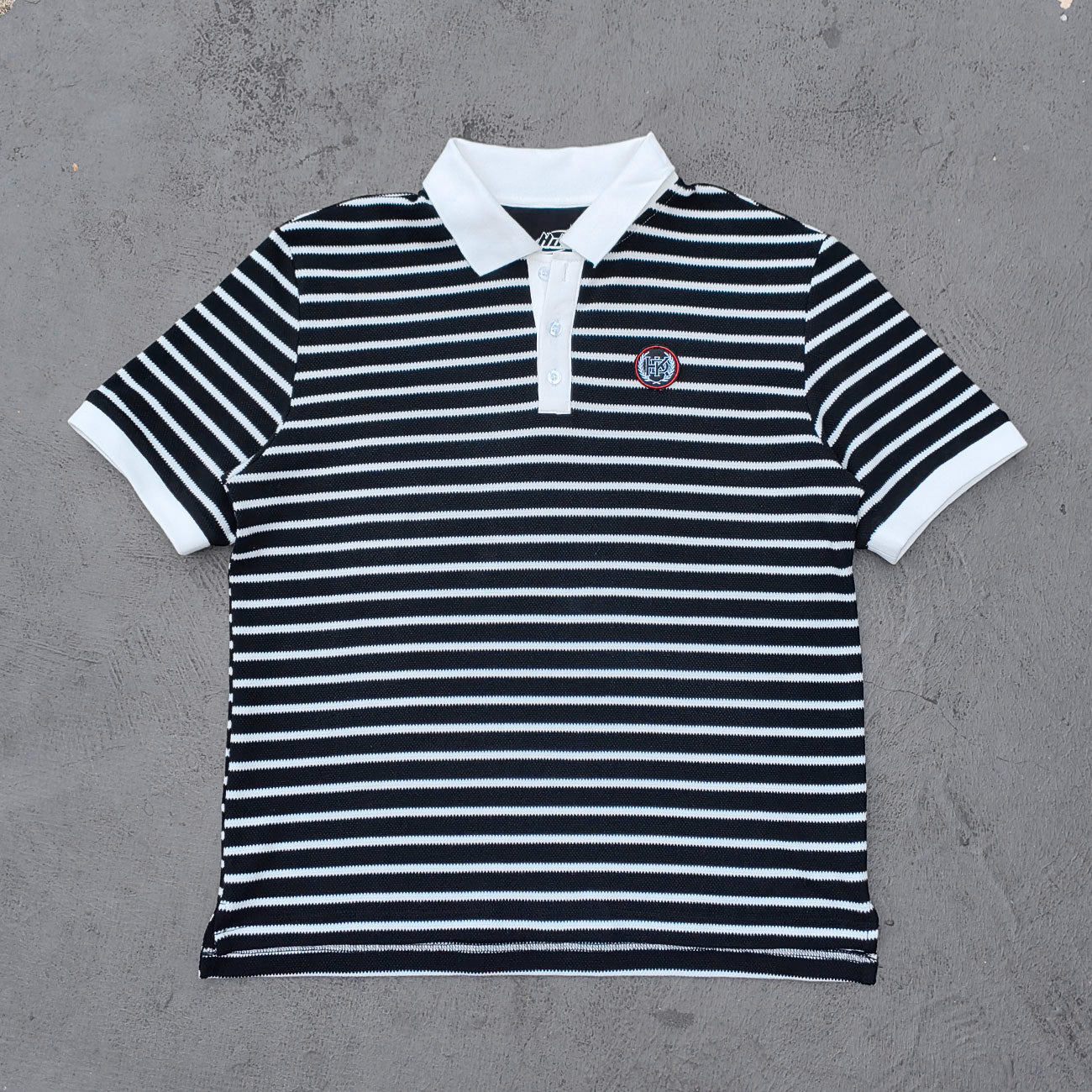 Black White Stripe Polo Shirt - Waffle Knit Collared Half Button HDK Badge Y2K Streetwear