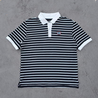 Black White Stripe Polo Shirt - Waffle Knit Collared Half Button HDK Badge Y2K Streetwear