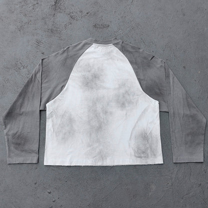 Glory Print Long Sleeve Tee - Gray White Raglan Rhinestone Dark Graphic Y2K Streetwear