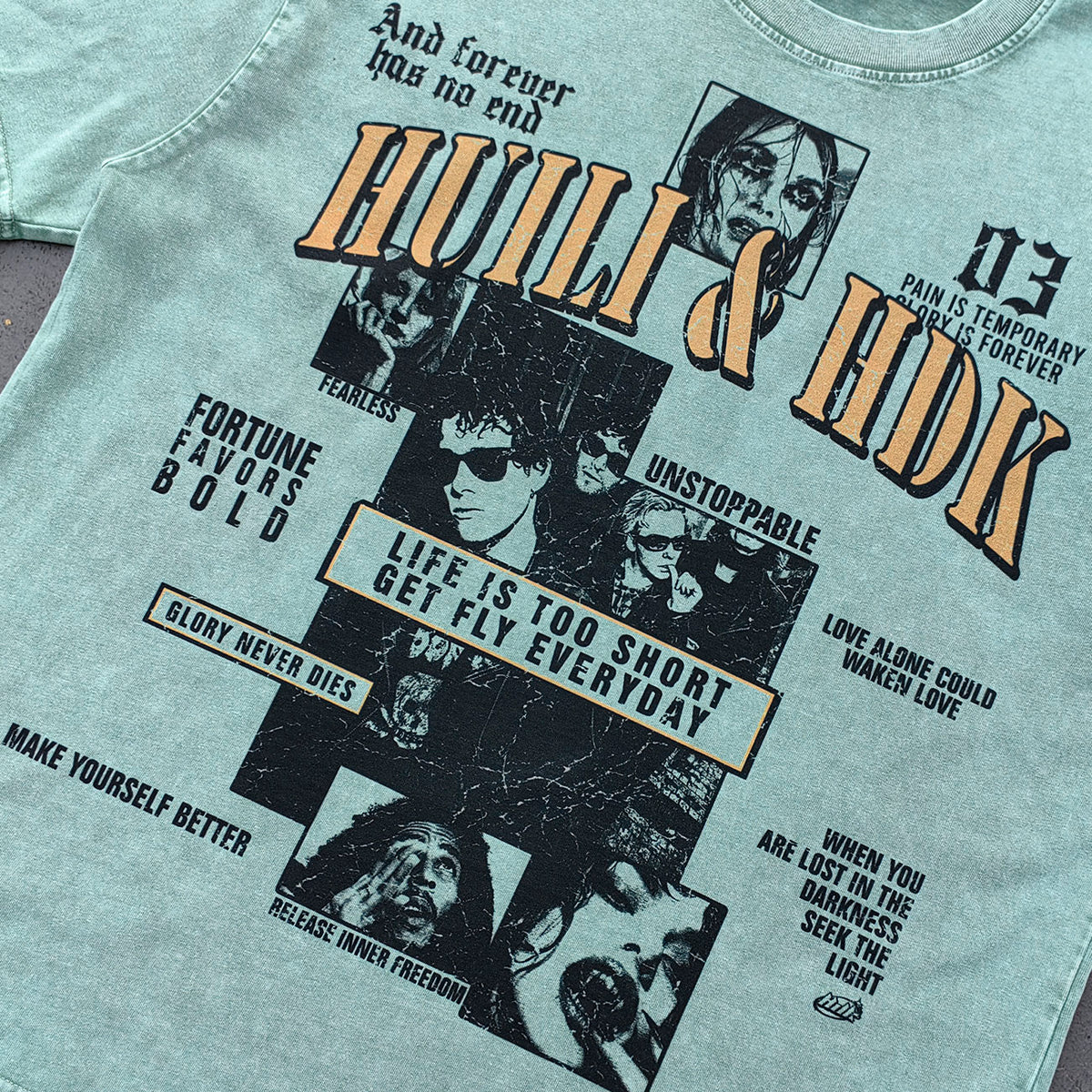 HUILI HDK Graphic Tee - Mint Green Acid Wash Vintage Collage Portrait Print Y2K Streetwear