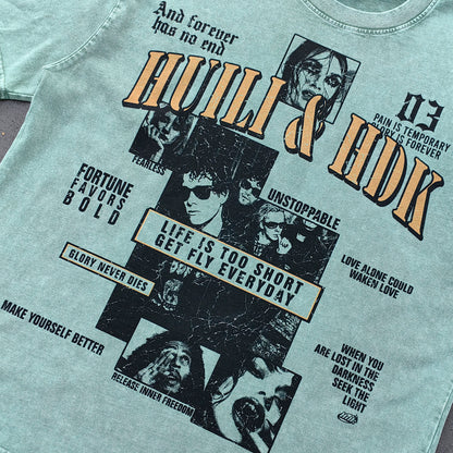 HUILI HDK Graphic Tee - Mint Green Acid Wash Vintage Collage Portrait Print Y2K Streetwear