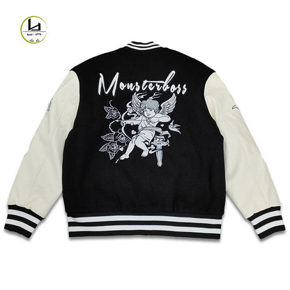 factory wholesale custom logo chenille embroidery letterman varsity jacket with leather sleeves