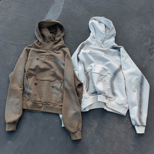 Distressed Deconstructed Hoodie - Life is Too Short Embroidery Y2K Streetwear