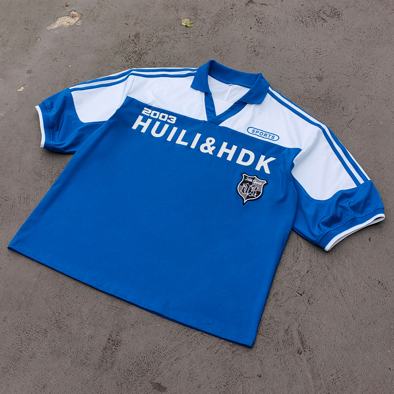 HUILI HDK 2003 Football Jersey - Blue White Color Block V Neck Three Stripe Y2K Streetwear