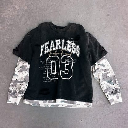 Camo Layered Crewneck - FEARLESS 03 Print Studded Rhinestone Distressed Sweatshirt