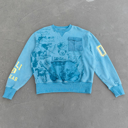 Graffiti Print Crewneck - Blue Acid Wash Distressed Y2K Oversized Sweatshirt
