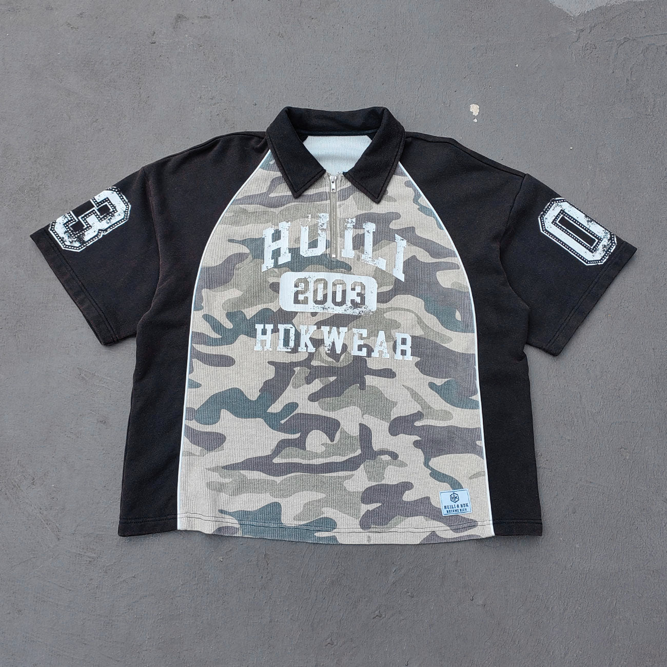 Camo Color Block Half Zip Polo - HUILI 2003 Print Y2K Rugby Shirt Streetwear