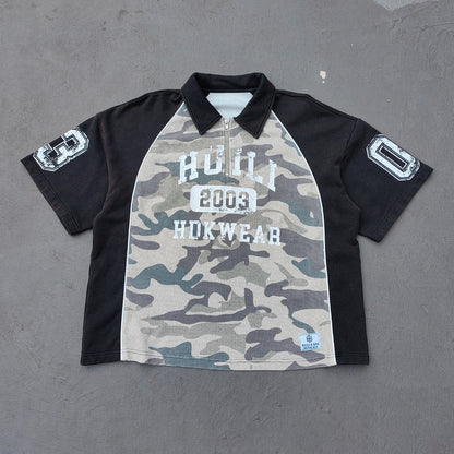 Camo Color Block Half Zip Polo - HUILI 2003 Print Y2K Rugby Shirt Streetwear